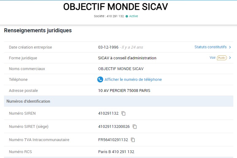 Objectif Monde Sicav, une entreprise dont l'identité est usurpée par Objectifmondesicav.com.