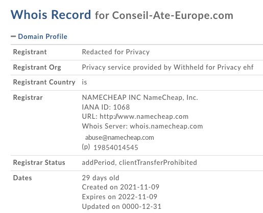 Le WHOIS ou historique d’hébergement de Conseil-ate-europe.com.