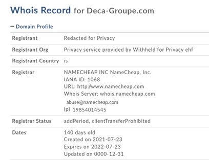Le WHOIS de Deca-groupe.com permet de comprendre que le site est dangereux.