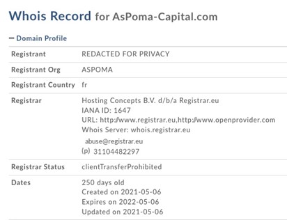 L’historique d’hébergement de Aspoma-capital.com.