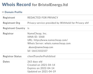 Avec l’historique d’hébergement, on découvre que Bristolenergy.ltd n’existe pas depuis longtemps.