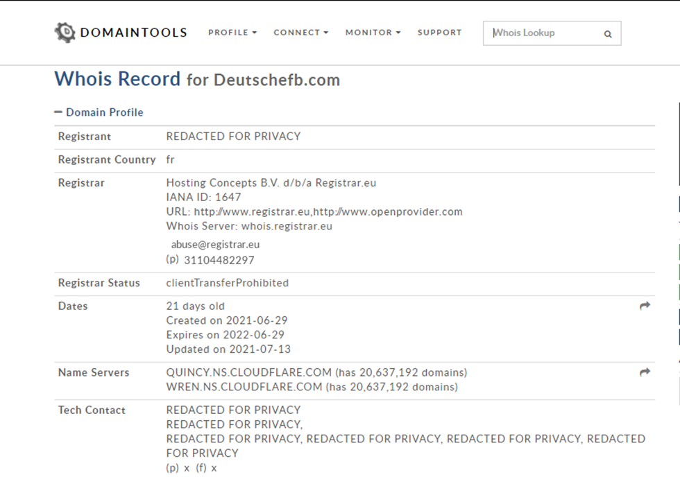 Le WHOIS anonyme de Deutschefb.com.